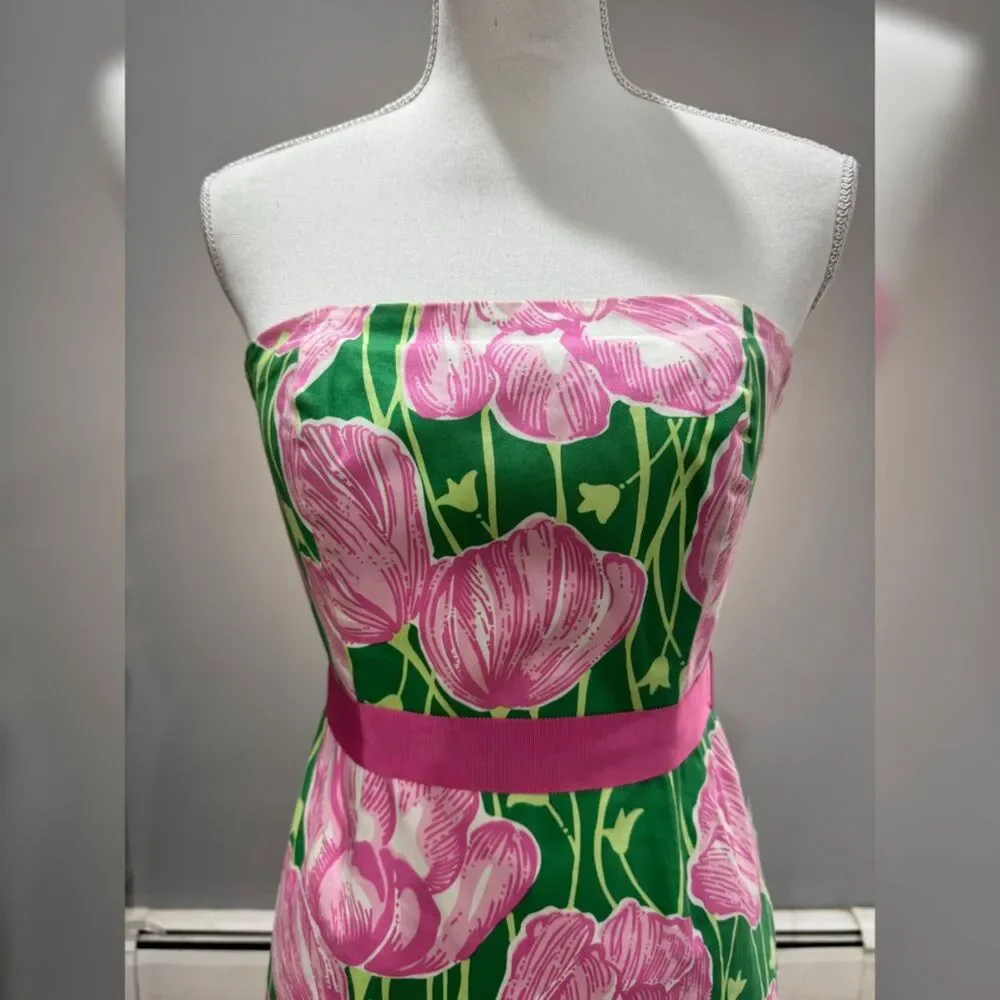 Green/Pink Lilly Pulitzer Vintage Strapless Tulip Print Dress Size 0 EUC - Picture 3 of 8